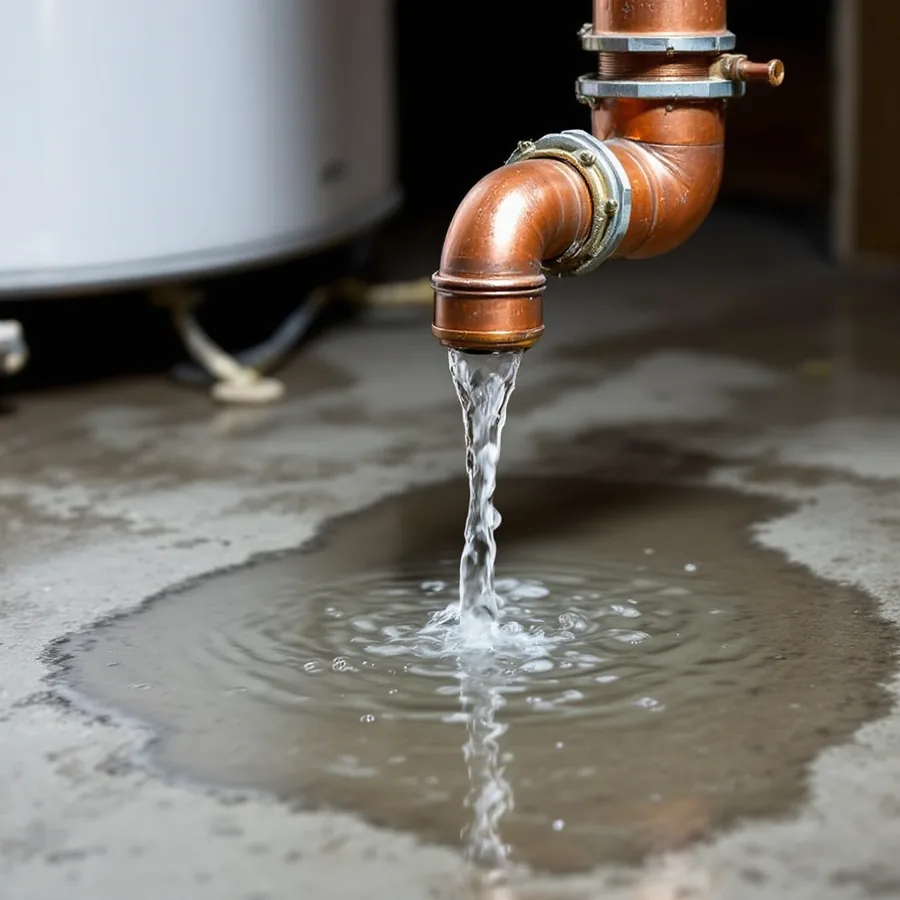 Open end of a copper discharge pipe above a concrete floor with a steady stream of water running out into a spreading puddle