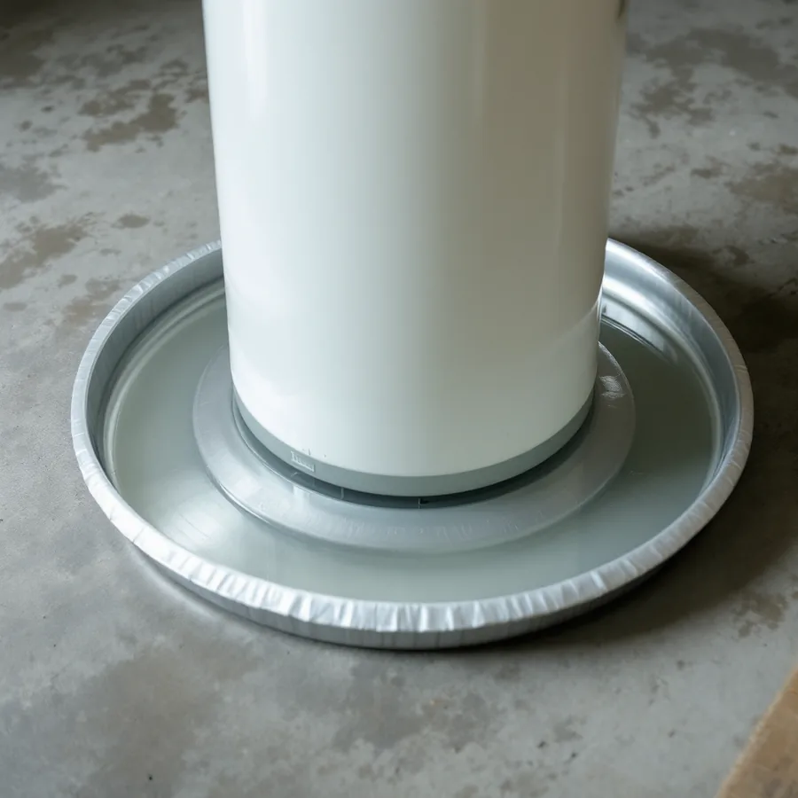 Base of a white cylindrical water heater standing inside a wide shallow round aluminium drain pan with a thin layer of clear water covering the pan floor