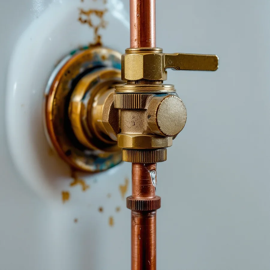 Brass temperature and pressure relief valve with a small lever on the side of a white water heater tank, a copper pipe running down from it with a drip on the pipe