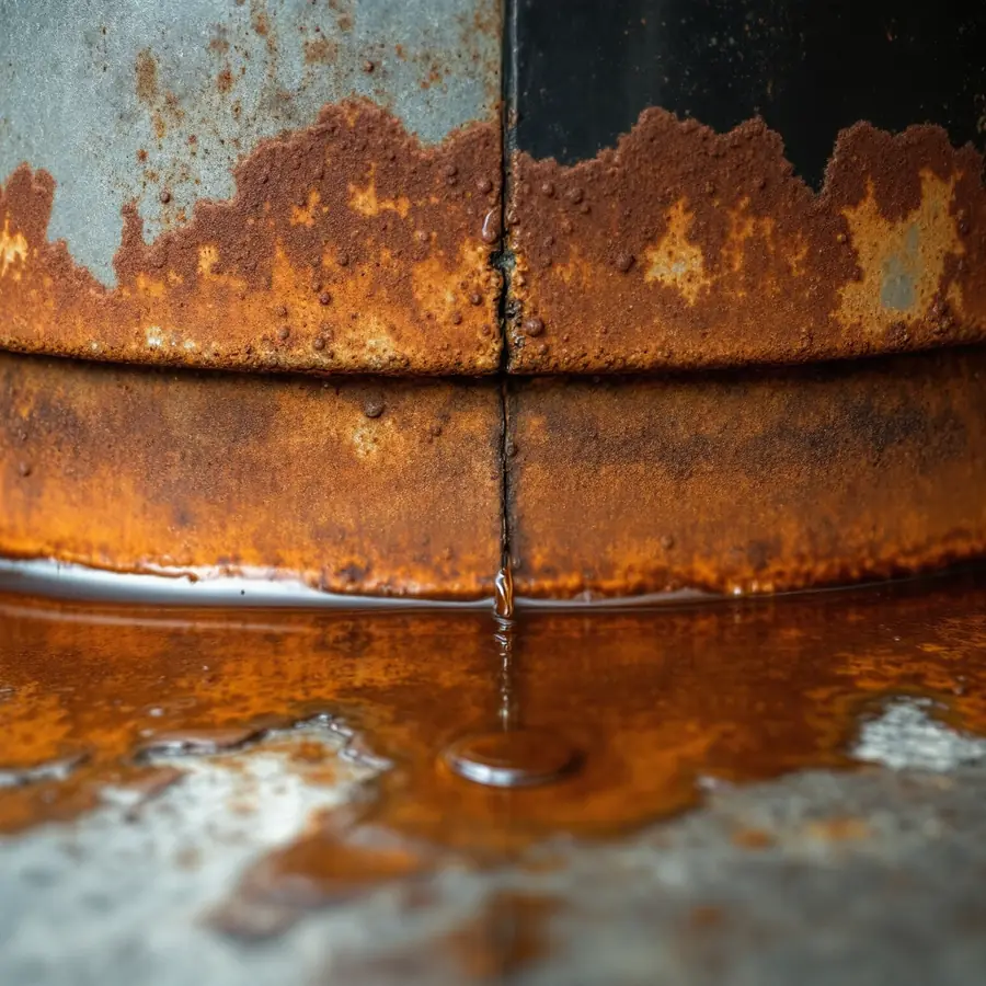 Rusted bottom edge of an old water heater tank with orange corrosion eating through the jacket and rust coloured water seeping from the seam onto concrete