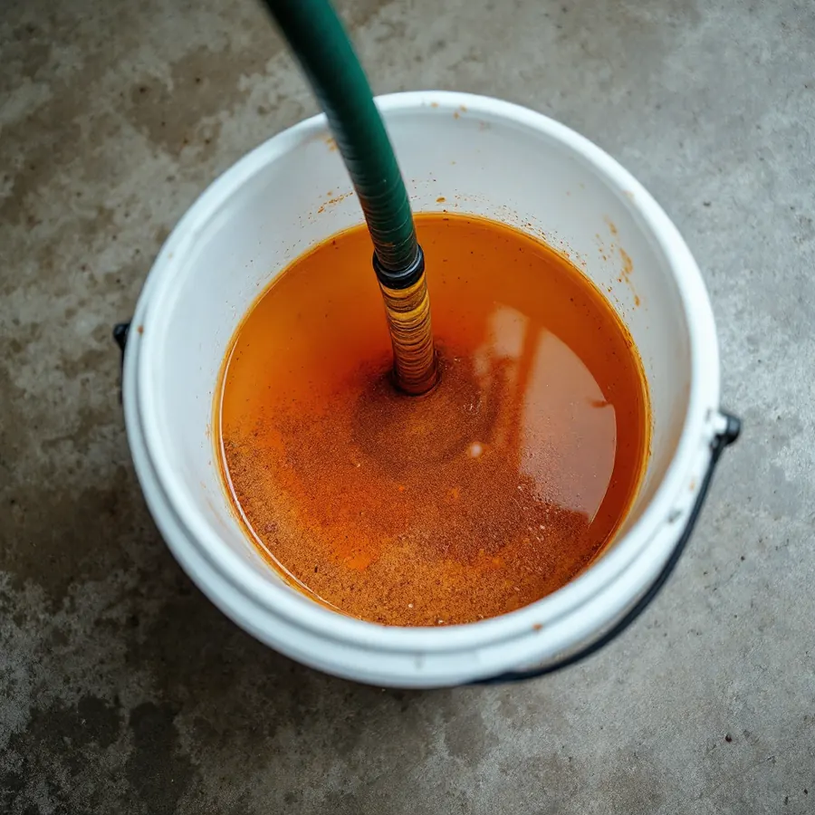 White plastic bucket half full of murky rust coloured water with fine sediment settled at the bottom and a garden hose end over the rim