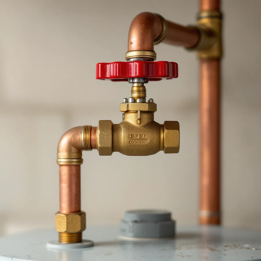 Brass valve with a red wheel handle on the copper cold water line above a water heater, turned to the closed position