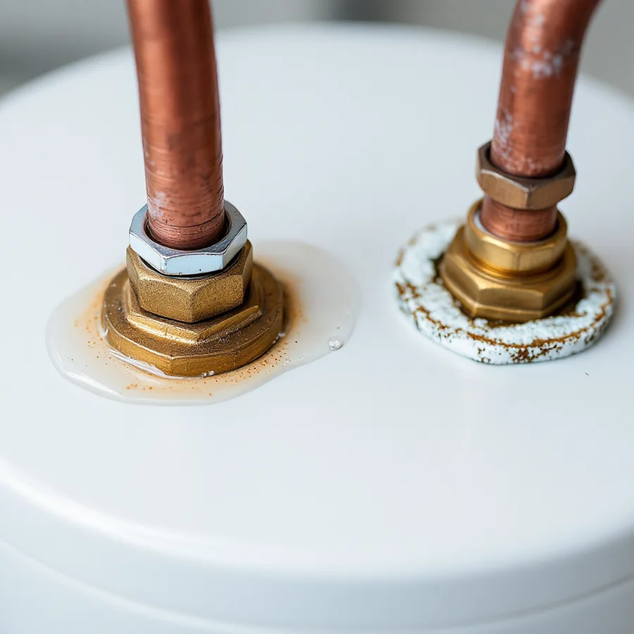 Top of a white water heater tank with two copper pipes entering through brass fittings, a bead of water and a crust of mineral scale around one joint