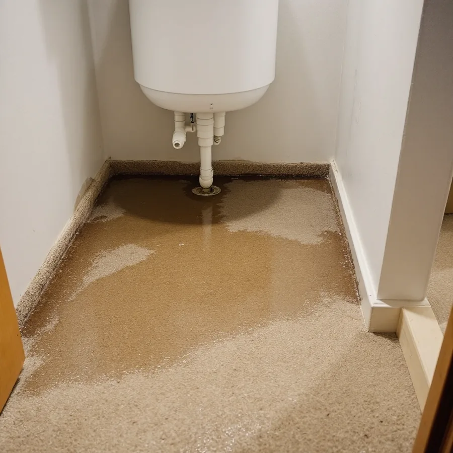 Small closet floor with water soaked into beige carpet and a dark tide line climbing the bottom of painted drywall beneath a white water heater