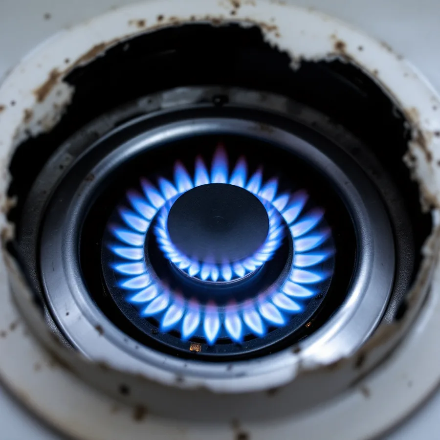 Ring of small blue flames on a round gas burner seen through the open access panel at the base of a water heater