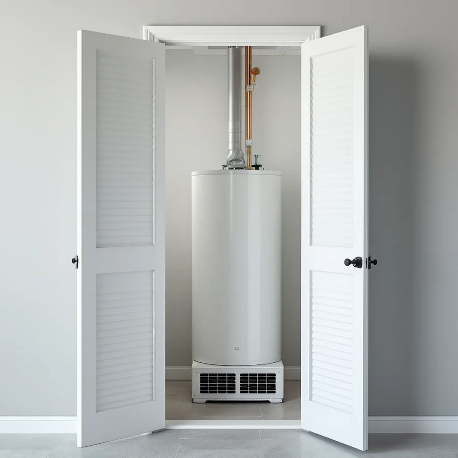 White louvered utility closet door standing open with the plain base of a water heater tank visible inside and two rectangular vents cut in the door