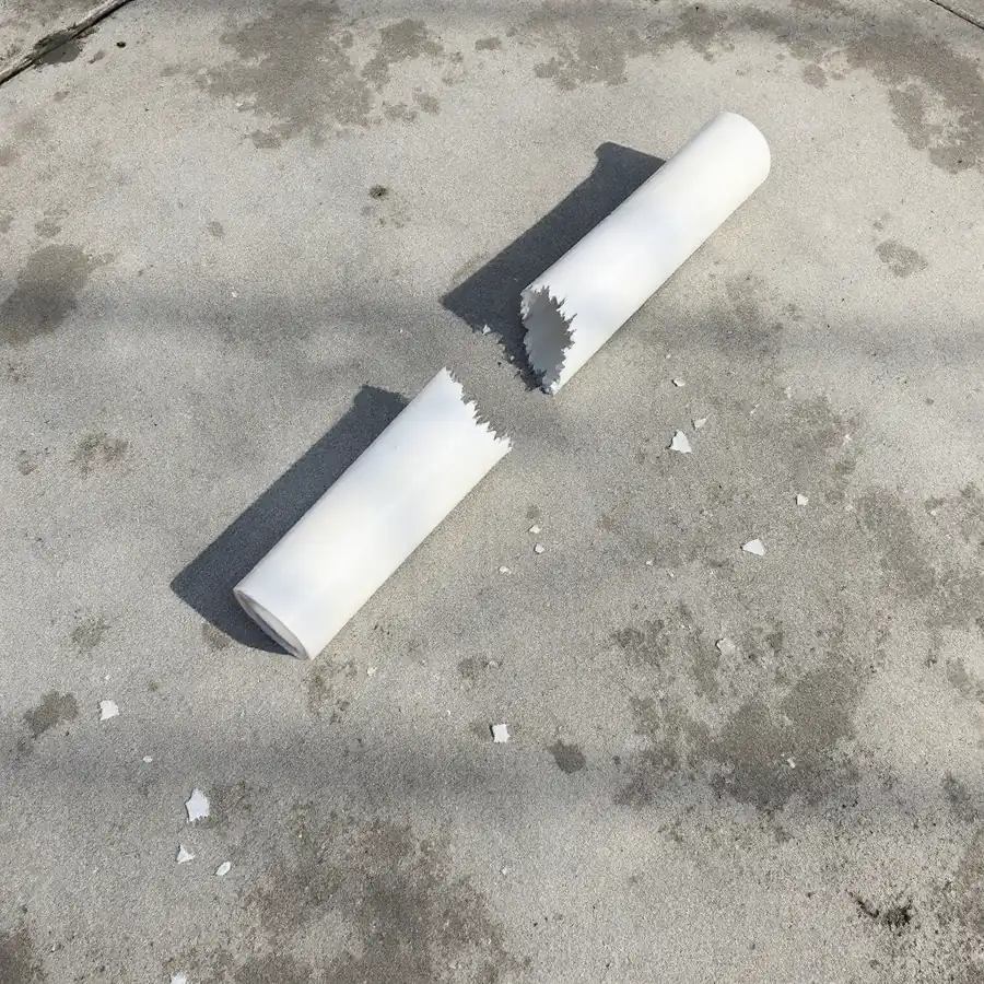 Long thin white plastic tube lying on a concrete floor, broken into two pieces with a jagged split and small plastic flakes scattered beside it