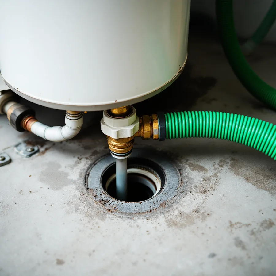 Green garden hose screwed onto the small drain tap at the base of a white water heater tank and running across a concrete floor toward a floor drain