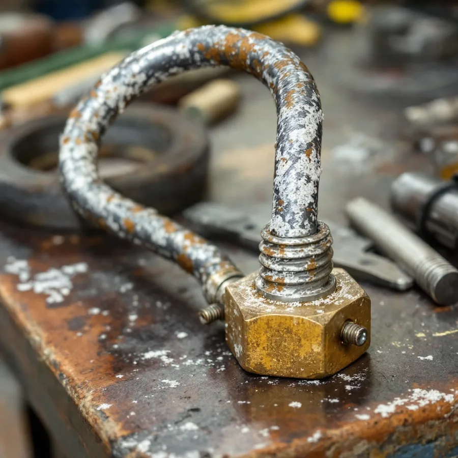 Hairpin-shaped heating element with a hexagonal brass base lying on a workbench, its loop crusted thick with white and tan mineral scale