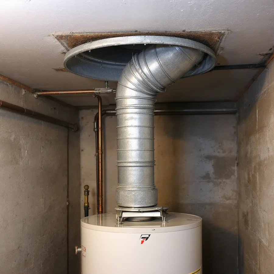 Round galvanized flue pipe rising from the top of a white gas water heater with a draft hood at its base and running up to a basement ceiling