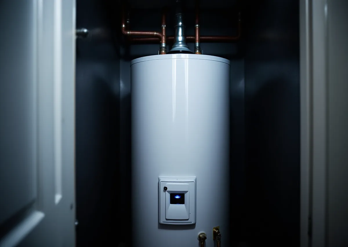 Plain white water heater tank in a dim utility closet with its lower access panel removed and leaning against the wall, a faint blue flame visible inside the opening