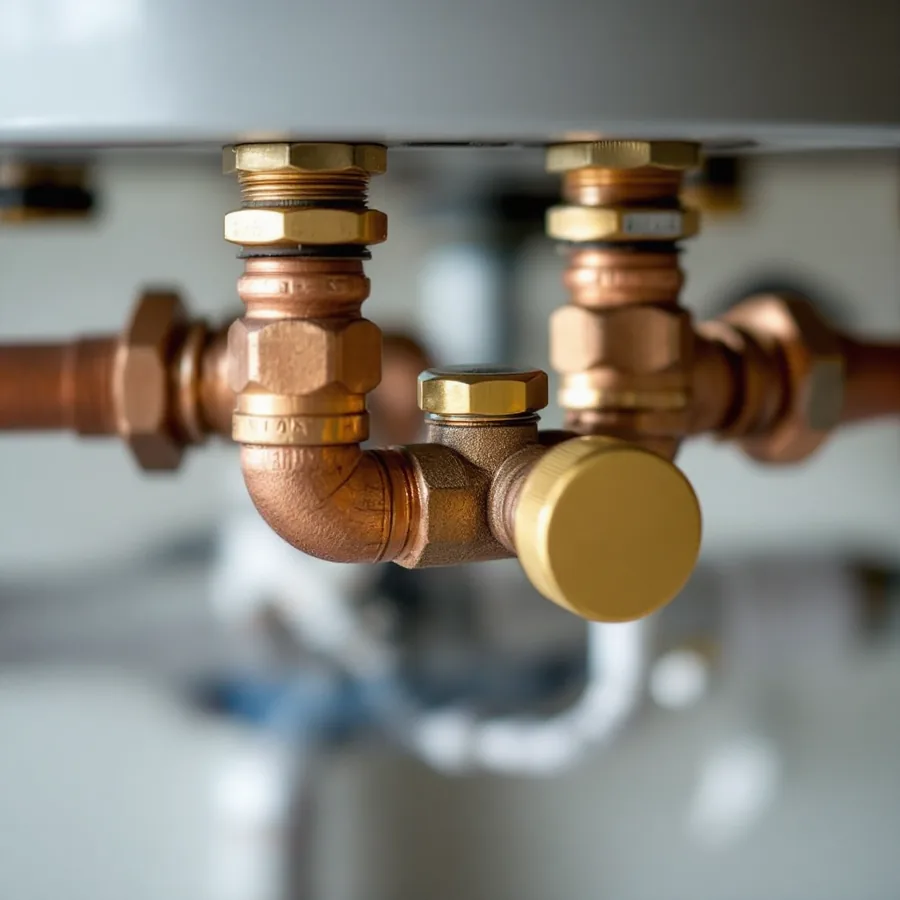 Small brass thermostatic mixing valve with a plain round adjustment cap joined into copper pipes above a water heater