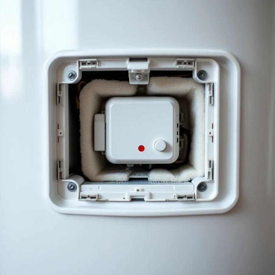 Small rectangular access opening on the side of a white electric water heater with the cover removed, insulation folded back and a plain thermostat block with a round red button