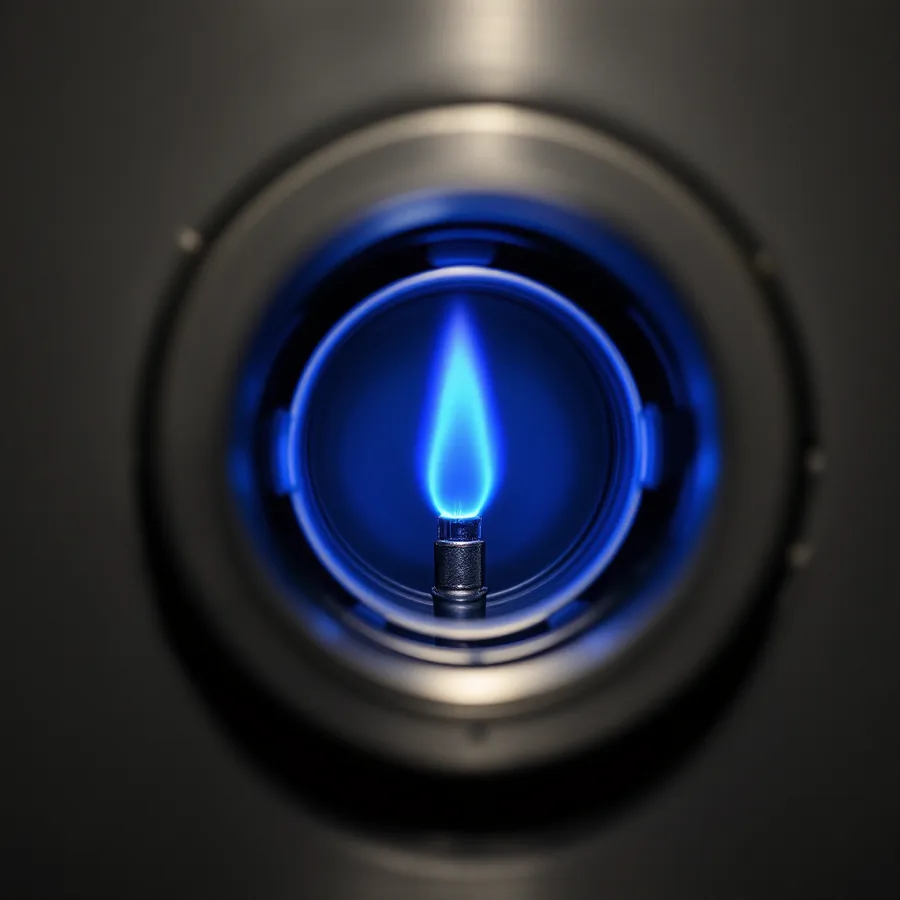 Small steady blue flame at the tip of a thin metal tube seen through a round glass port in a dark burner chamber