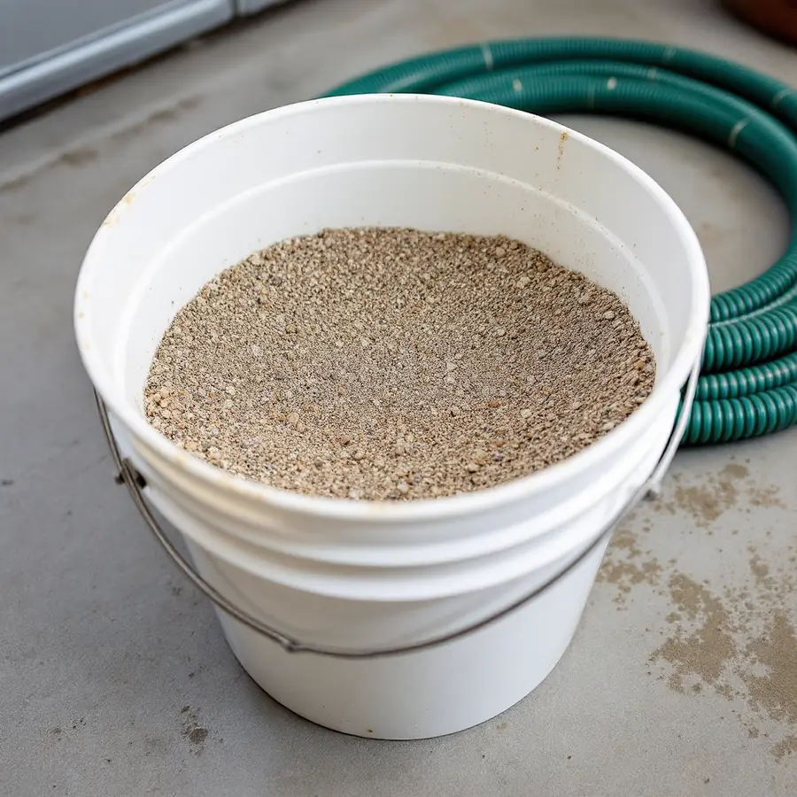 White bucket on a garage floor holding a shallow layer of grey and tan gritty mineral sediment settled out of drained water